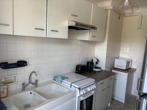 een kleine keuken met een spoelbak en een fornuis bij Appartement entier in Aubenas +7 foto's