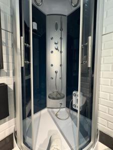 a glass shower in a bathroom with a toilet at Le Loft de Montfort coeur de ville in Montfort-lʼAmaury