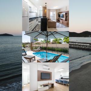 a collage of photos of a house with a pool at Apartamento com VISTA MAR, Ar-condicionado, Wi-Fi Condomínio com PISCINA, quadra de esportes Playground infantil a 15 minutos do Beto Carreiro in Piçarras
