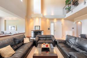a living room with a leather couch and a fireplace at Paula Cozy Villa in Corfu in Áfra