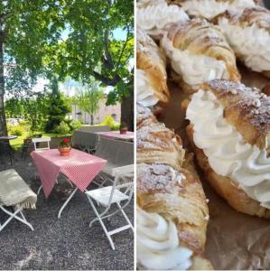 two pictures of pastries and a table and a table and chairs at Central lägenhet med balkong i Ockelbo in Ockelbo
