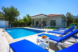 a swimming pool with blue chairs and a house at Villa Albatross in Ortaca