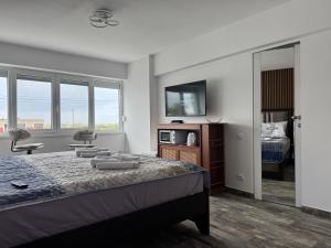 une chambre avec un lit et une télévision à écran plat dans l'établissement Frăția Corsarilor, à Sulina