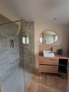 ein Badezimmer mit Dusche, Waschbecken und Spiegel in der Unterkunft Gîte Le Guet du Roy in Boismont