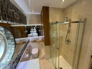 a bathroom with a glass shower and a toilet at 3 x Studios Golden Manor in Hanwell