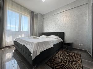 a bedroom with a bed and a large window at Spacious 2 Bedroom Apartment in Iaşi