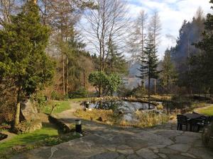 a park with a pond and a bridge and trees at Domaine Heyen in Waimes