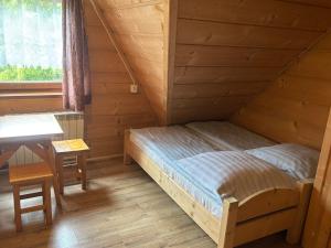 ein Schlafzimmer mit einem Bett und einem Schreibtisch in einer Hütte in der Unterkunft Ludwina Żegleń Pokoje Gościnne in Małe Ciche