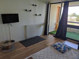 a living room with a flat screen tv and a table at Appartement spacieux et lumineux, idéalement situé in Pessac