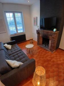 a living room with a couch and a fireplace at Le halage, charmante maison en bordure de rivière 