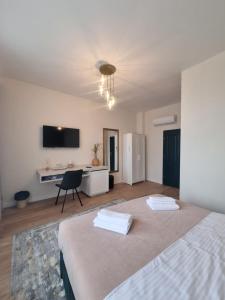 a bedroom with a bed and a desk and a chair at SOLARIS Villa in Ocna Sibiului