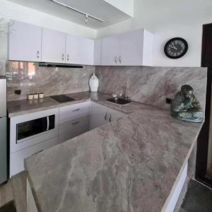 a kitchen with a statue of a dog sitting on a counter at Villa Casa Jamika in Seminyak +5 photos