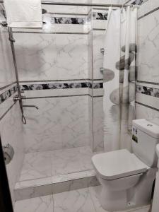 a white bathroom with a shower and a toilet at Fam Guest House in Samarkand +4 photos