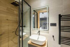 a bathroom with a sink and a glass shower at Orlík Lake Apartments in Klučenice