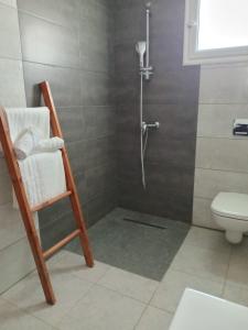 ein Badezimmer mit Dusche mit Stuhl und Toilette in der Unterkunft Villa Majorelle à Tezdaine in Djerba + 7 Fotos