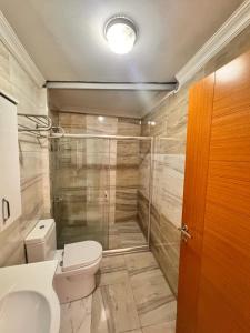 Un baño con inodoro y ducha de cristal. en GOLDEN PALACE SEA ViEW, en Estambul