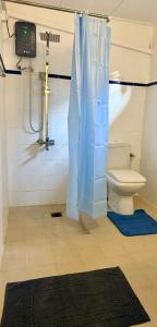 e bagno con servizi igienici e tenda doccia blu. di Hotel Coral Bay a Trincomalee