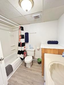 un bagno con un water, una vasca e un lavandino di Chalet Bleu a Lac Sainte-Marie Altre 12 foto