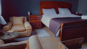 a bedroom with a bed and a couch and a chair at Habitación amplia y luminosa en cerro Concepción in Valparaíso
