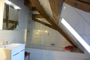 a bathroom with a bath tub and a sink at Bayreuth Loft im Zentrum Altstadtflair mit Holz und Stil in Bayreuth +11 photos