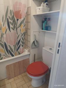 Appartement les flots bleues في فالراس بلاج: حمام مع مرحاض ذو غطاء احمر