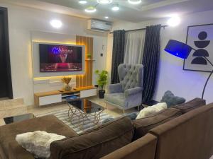 a living room with a couch and a television at Luxury apt,Secure estate,Parking,10mins to Airport in Hausa