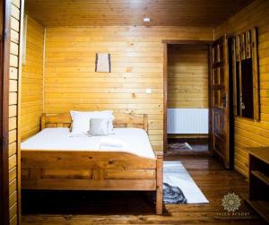 a bedroom with a bed in a wooden room at Jales Resort in Sânâteşti +6 photos