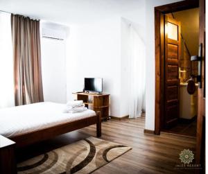 a bedroom with a bed and a television and a door at Jales Resort in Sânâteşti