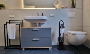 a bathroom with a sink and a toilet at Blue Sky Flat, Apartment, 73qm, 4-6 Personen, Neubau Süd-Balkon mit Lounge-Möbeln, Schwarzwald-PLUS inkl 80 Gratis-Attraktionen täglich in Baiersbronn +28 photos