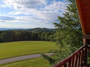a view from the balcony of a house with a green field at Waldpoesie - Das Wald-Cottage in Benking