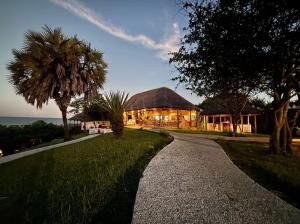 a pathway leading to a house with a palm tree at Basecamp Changani in Dar es Salaam