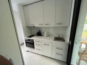 a small kitchen with white cabinets and a sink at House Thomi in Skala Potamias