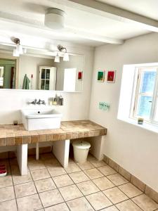 a bathroom with a sink and a toilet at Cozy Holiday Home in Sandavágur
