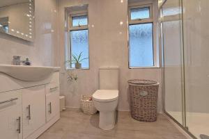 Un baño con inodoro, lavabo y ducha. en Morrison Park - West Strand Portrush, en Portrush 48 fotos más