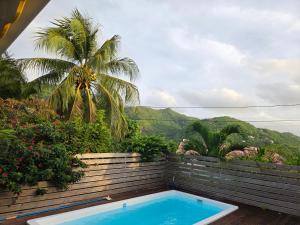 a swimming pool sitting next to a fence with a palm tree at Villa Kowosol in Le Marin