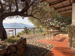 a table and chairs on a patio under a tree at Eolian Villa Mare - Floating over the sea in San Salvatore