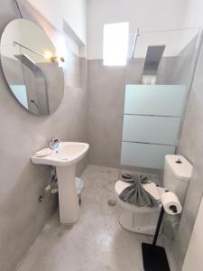 斯卡拉Koukounari Apartments的带水槽、镜子和马桶的浴室