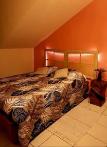 1 dormitorio con cama con edredón en K a Z - L'Ara Bleu, en Saint-Denis