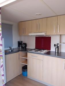 a kitchen with wooden cabinets and a stove top oven at Mobil-home xl 4 personnes avec télé in Boofzheim +3 photos