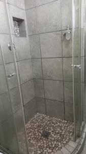 een douchecabine met een glazen deur en een vloer bij 'The Cape Robin' studio apartment in Hoheizen