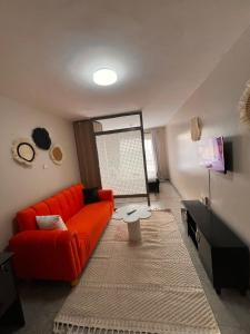a living room with an orange couch and a mirror at The cozy Cove in Nairobi +7 photos