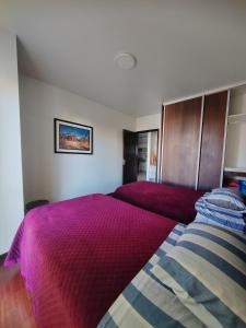 コチャバンバにある3c Departamento en Torres Venturaのベッドルーム(紫色の掛け布団を使用したベッド2台付)