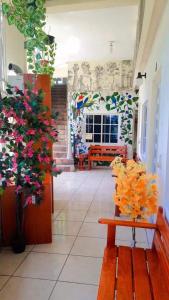 a room with two benches and flowers in a room at Posada Los Guitos in Xilitla