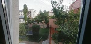 ein Fenster mit Blick auf einen von Bäumen bewachsenen Innenhof in der Unterkunft Dancing soul studio in Bukarest