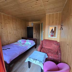 a small room with a bed and a couch at Domki letniskowe SOKÓŁ in Okuninka