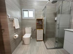 a bathroom with a toilet and a shower at Eden apartment in Haifa