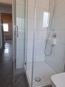 a glass shower in a bathroom with a toilet at Moderne Wohnung in Krefeld in Krefeld +26 photos