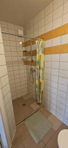 a shower with a shower curtain in a bathroom at Viršutinė 9 1 kambarys in Klaipėda
