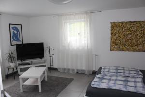a living room with a bed and a television at Ferienwohnung Jungpfalzstieg in Rinnthal