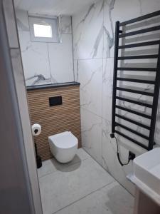 a bathroom with a toilet and a sink at Domek na pensjonatowej 8 in Augustów